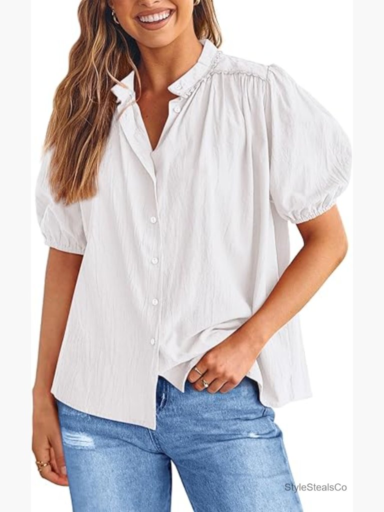 Women's Cotton Button Down Shirt Lantern Sleeve V Neck Casual Blouse